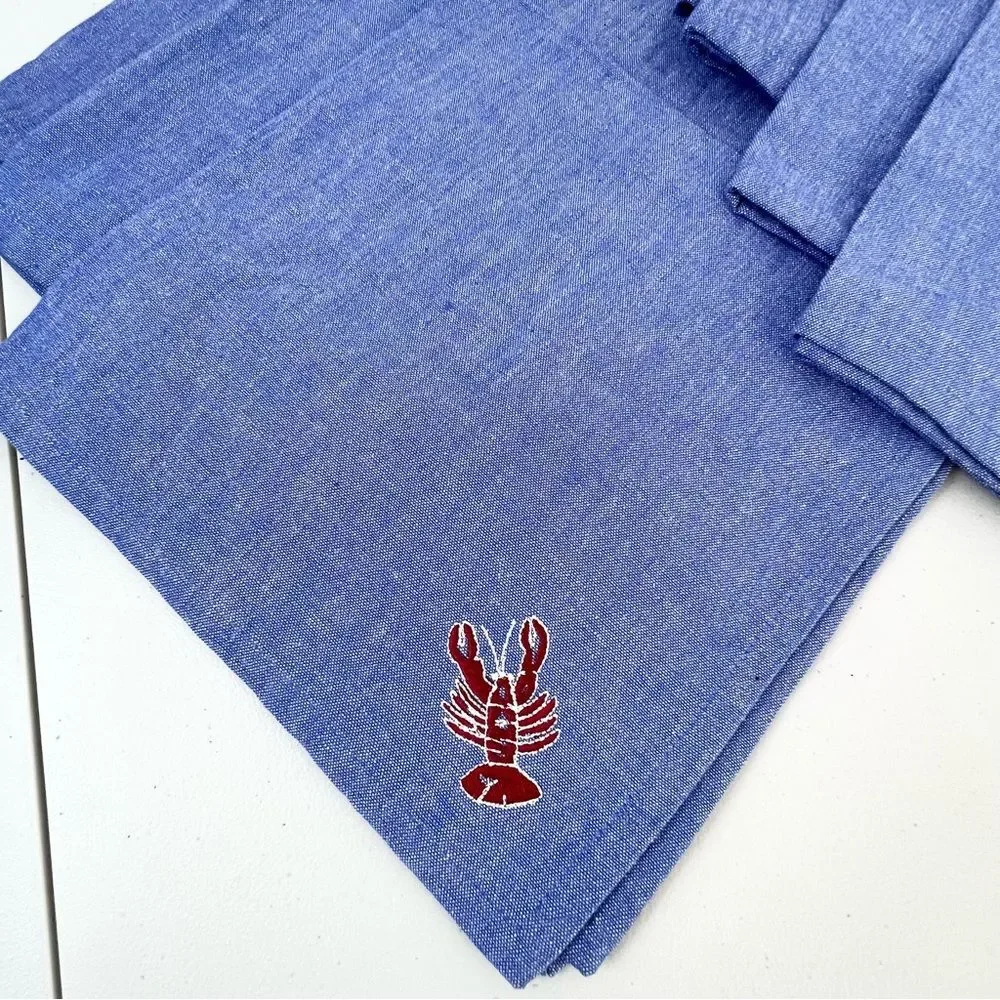 New Set of 6 Dansk Denim Lobster Embroidered Cloth Napkins
